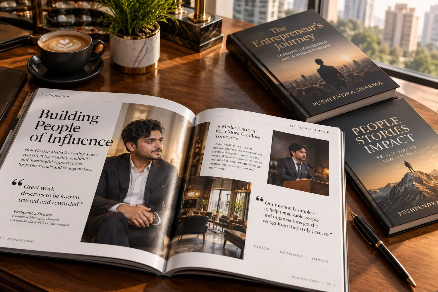 Credon Publishing Warm Editorial Desk with Hardcover Books and Magazine Spread