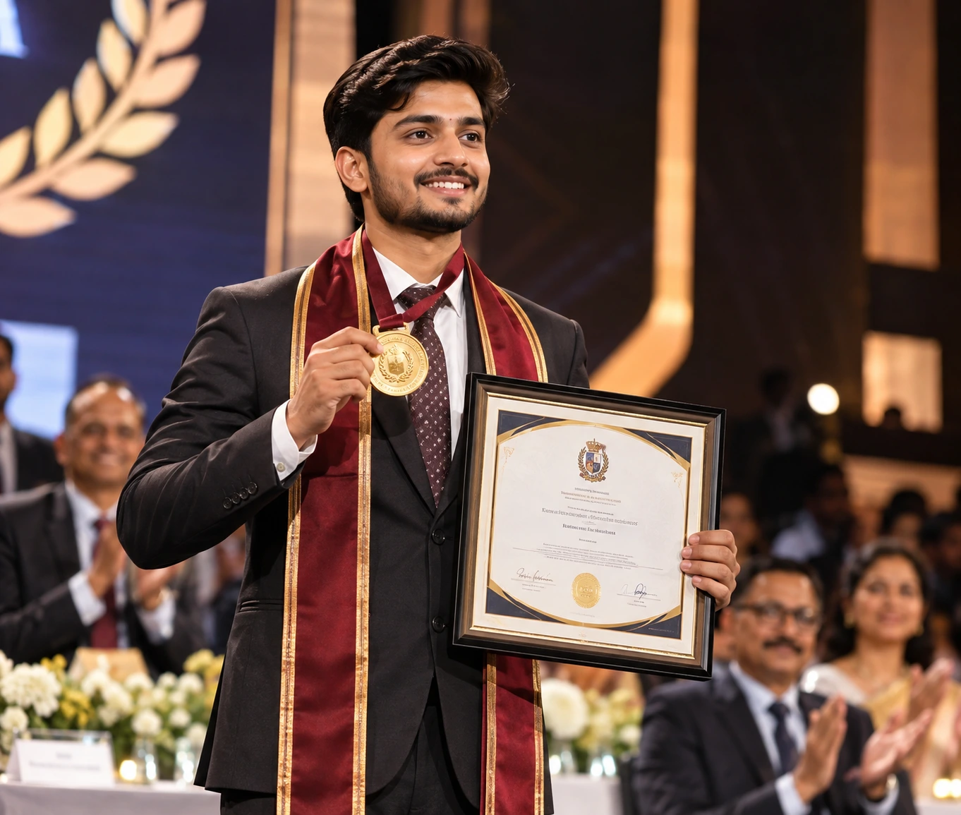Proud Indian achiever holding trophy and certificate at Credon Recognition and World Records ceremony